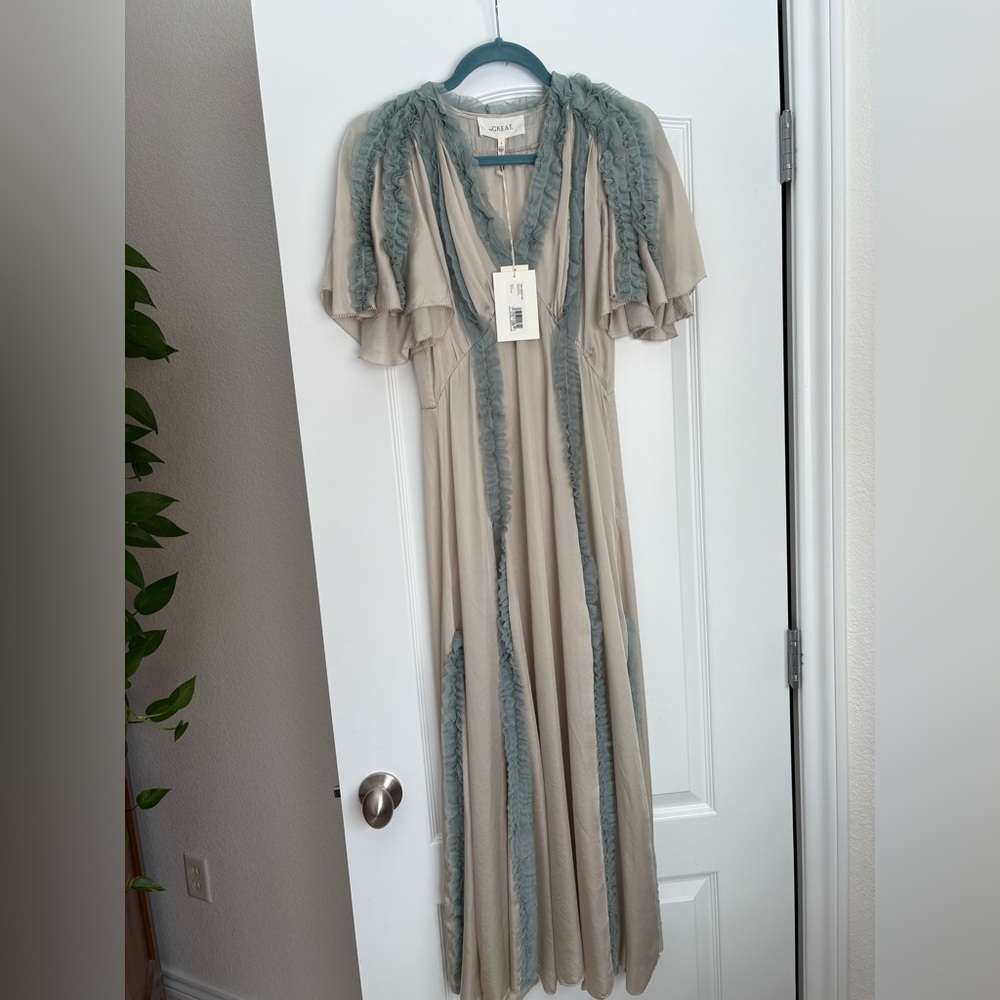 THE GREAT. Cream and Blue Ruffled Dancehall dress - Picture 3 of 10